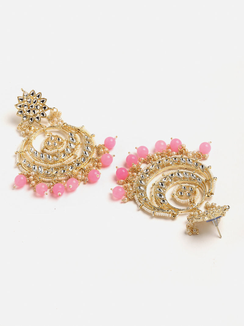 Gold-Plated White & Pink Stone Studded & Beaded Jewellery Set