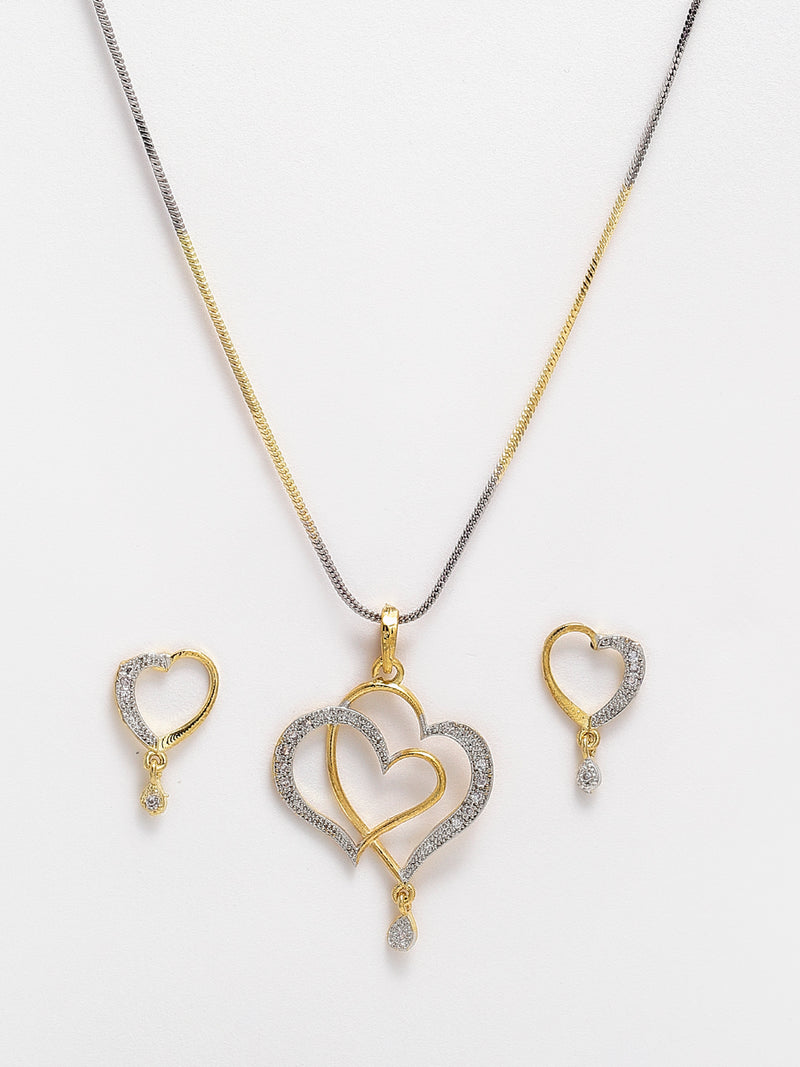 Heart and Peacock Shape Set Of 3 Gold-Plated Silver-Tone Cubic Zirconia Studded Pendant with Chain & Earring