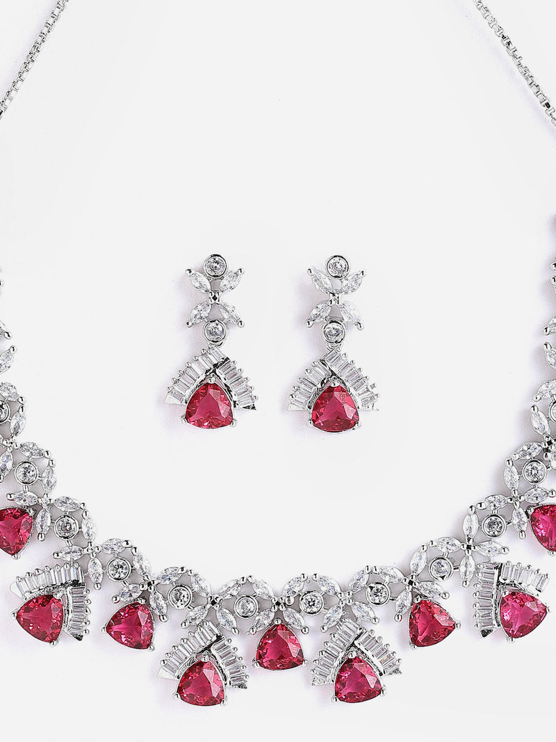 Rhodium-Plated with Silver-Tone & Red American Diamond Stone-Studded Jewellery Set