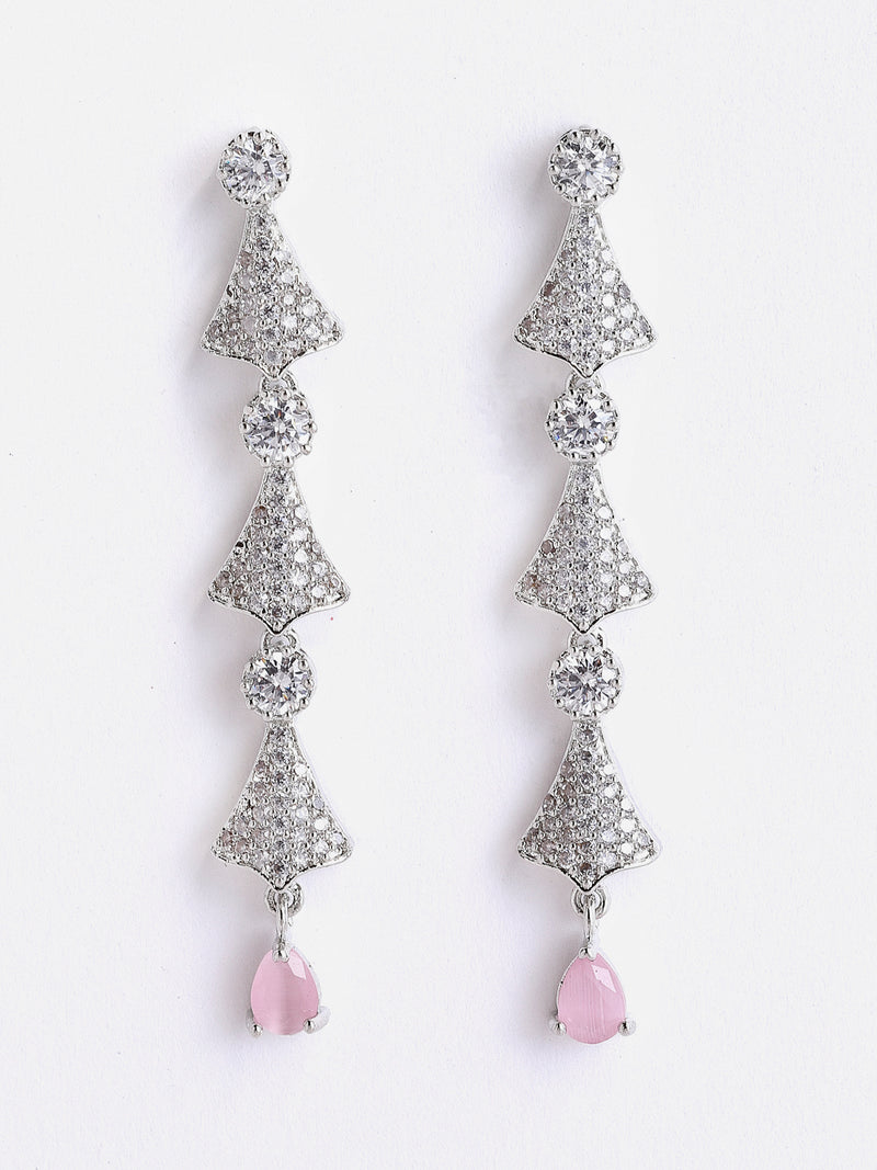 Rhodium-Plated with Silver-Tone Pink & White American Diamond Stone Studded & Beaded Jewellery Set