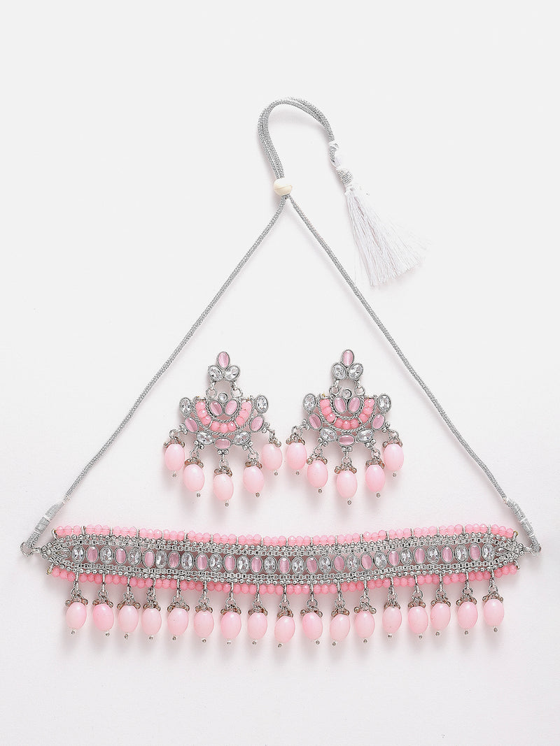Rhodium-Plated with Silver-Tone Pink Kundan-Studded & Beaded Jewellery Set