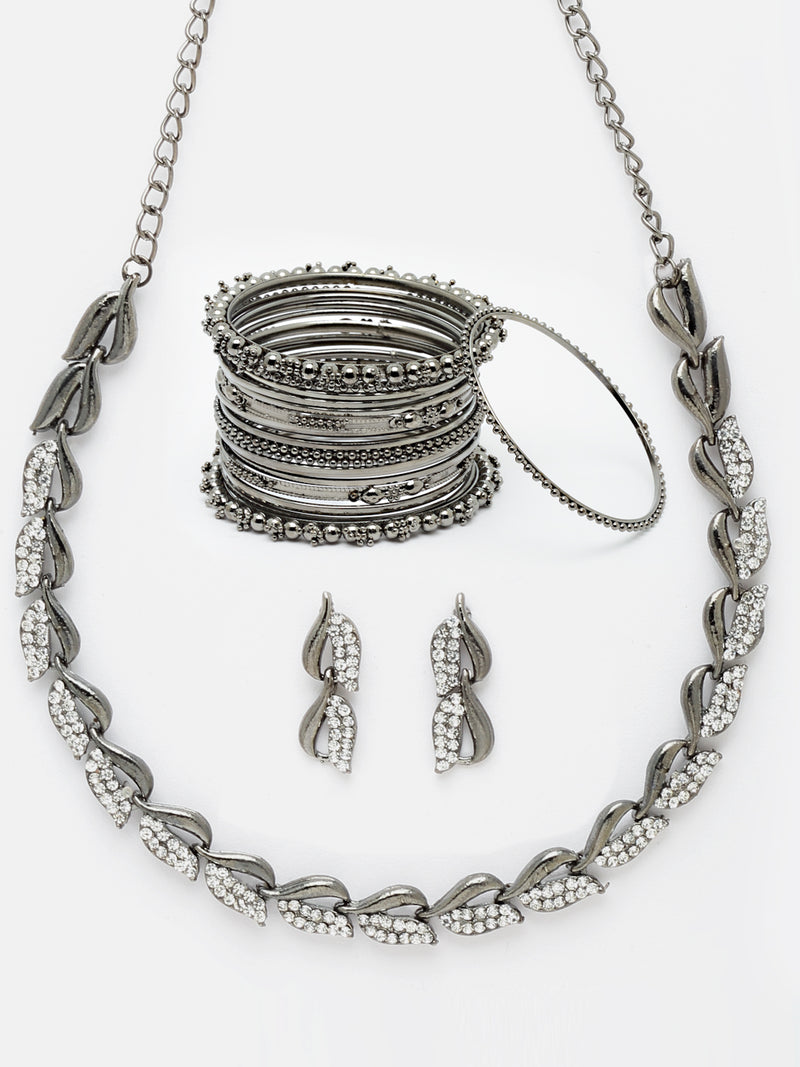 Rhodium-Plated with Oxidised Black-Tone  Cubic Zirconia Stone Studded Jewellery Set Combo