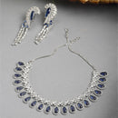 Rhodium-Plated with Silver-Tone Navy Blue American Diamond Studded Crescent Design Jewellery Set