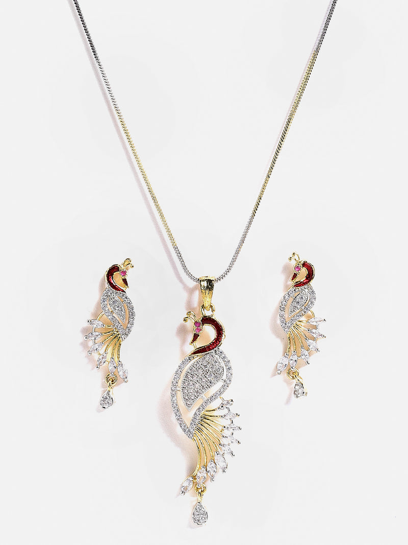 18K Gold Plated Cubic Zirconia Peacock Shaped Pendant Earring Set