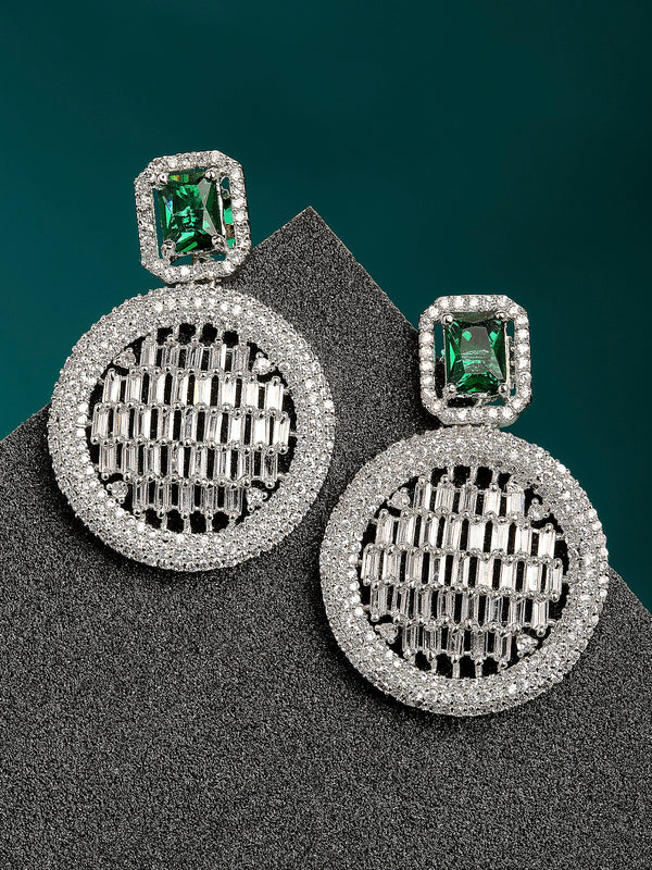 Green American Diamond Studded Geometric Shaped Rhodium-Plated with Silver-Tone Drop Earrings