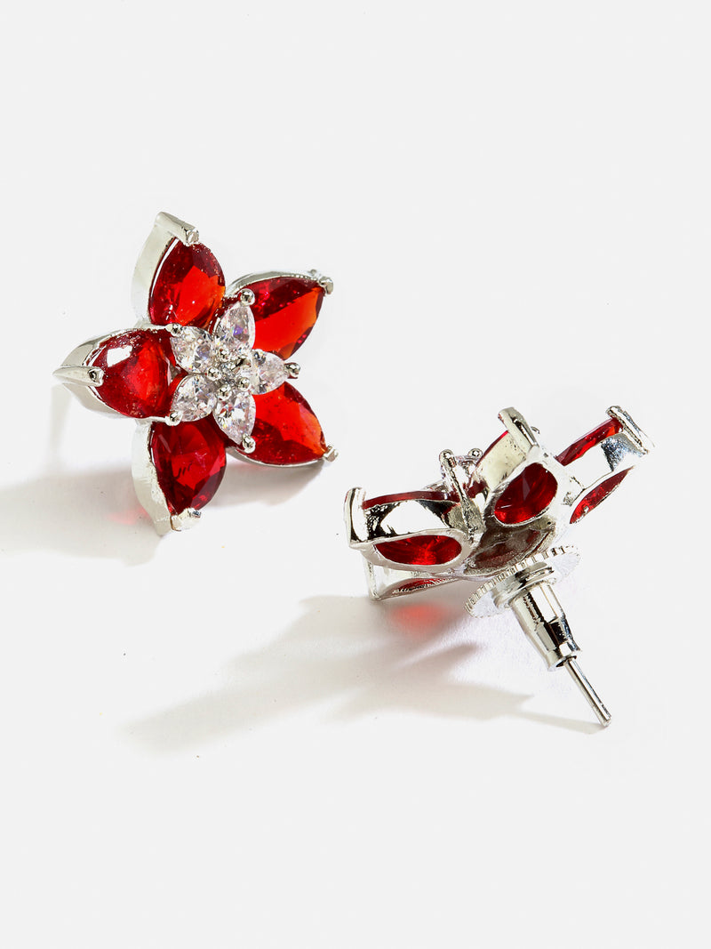 Rhodium-Plated with Silver-Toned Red American Diamond Floral Studs Earrings