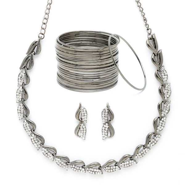 Oxidized White Cubic Zirconia Studded Combo - Necklace, Earrings, Bangles