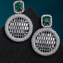 Green American Diamond Studded Geometric Shaped Rhodium-Plated with Silver-Tone Drop Earrings