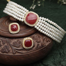 Red & White Gold-Plated Pearls & Stone Studded Jewellery Set