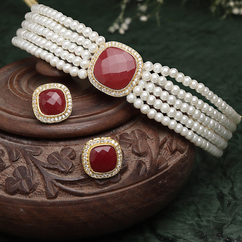 Red & White Gold-Plated Pearls & Stone Studded Jewellery Set