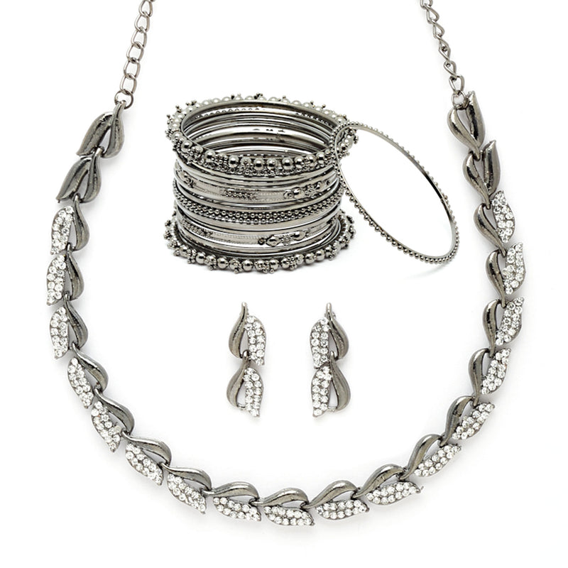 Oxidized Leaf White Cubic Zirconia Studded Combo - Necklace, Earrings, Bangles