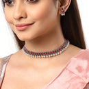 Rhodium-Plated with Oxidised Silver-Tone Red American Diamond-Studded & Pearl Beaded Jewellery Set