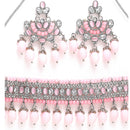 Rhodium-Plated with Silver-Tone Pink Kundan-Studded & Beaded Jewellery Set