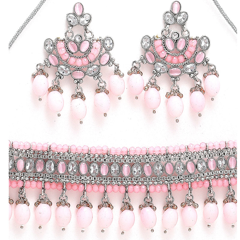 Rhodium-Plated with Silver-Tone Pink Kundan-Studded & Beaded Jewellery Set