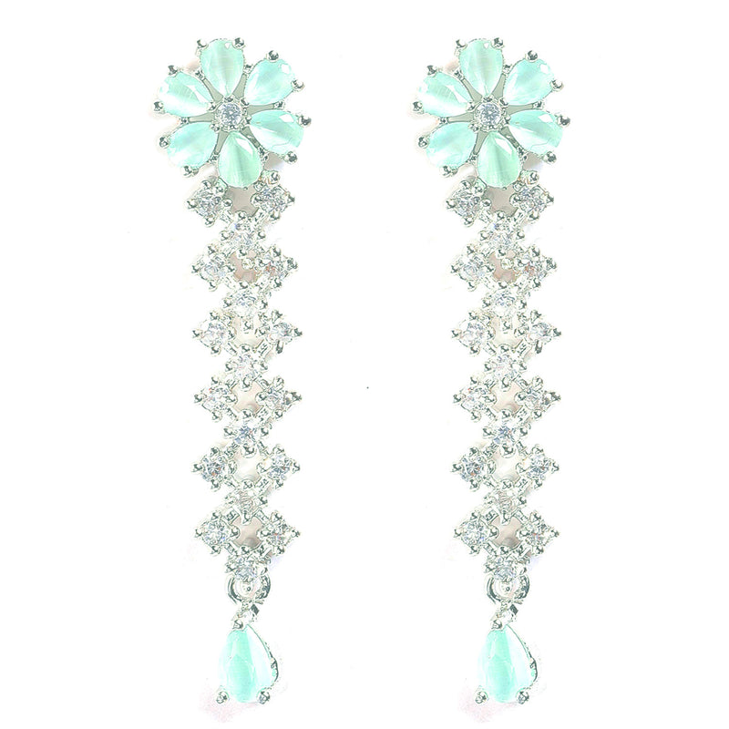Rhodium-Plated with Silver-Tone Sea Green American Diamond-Studded Flower Design Jewellery Set