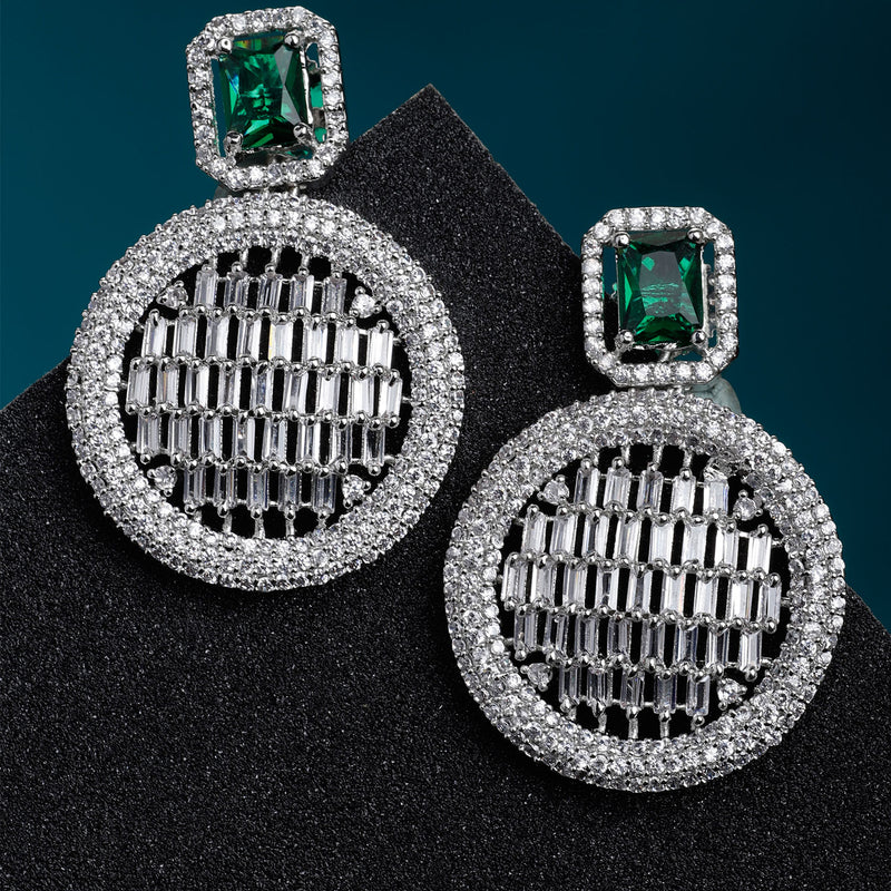 Green American Diamond Studded Geometric Shaped Rhodium-Plated with Silver-Tone Drop Earrings