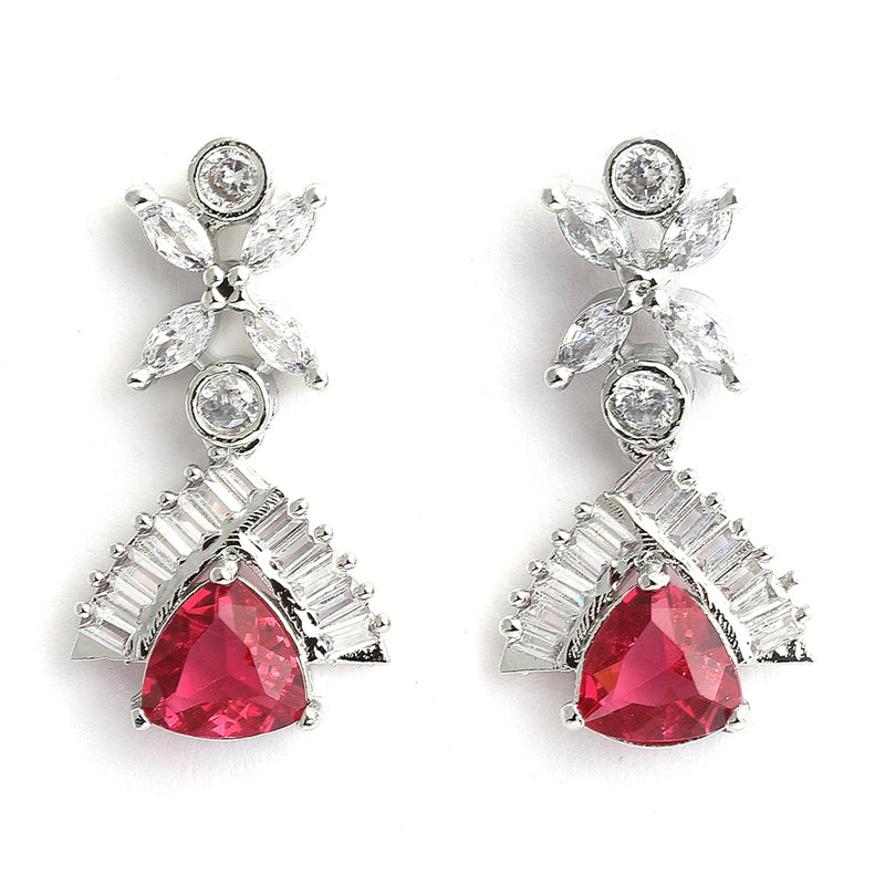 Rhodium-Plated with Silver-Tone & Red American Diamond Stone-Studded Jewellery Set