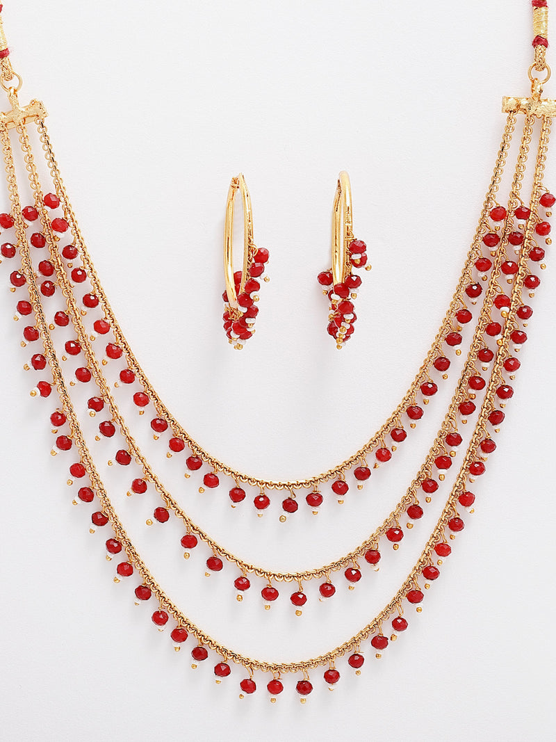 Gold-Plated Red Pearl Drop Intricate Layered Necklace with Hoop Earrings Set