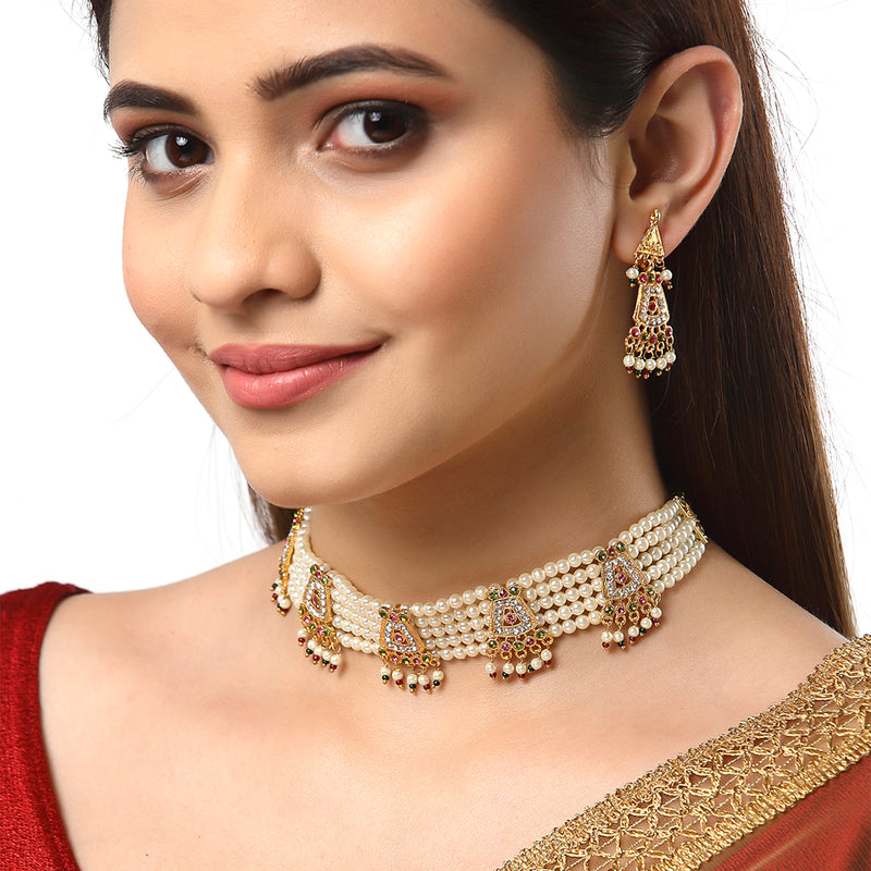 Gold Plated Pearls Beaded Layered Jadau Necklace Set With Earrings
