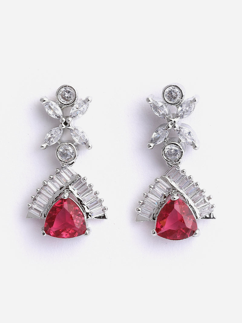 Rhodium-Plated with Silver-Tone & Red American Diamond Stone-Studded Jewellery Set