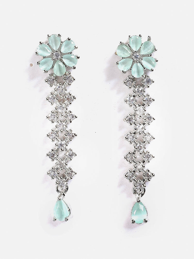 Rhodium-Plated with Silver-Tone Sea Green American Diamond-Studded Flower Design Jewellery Set