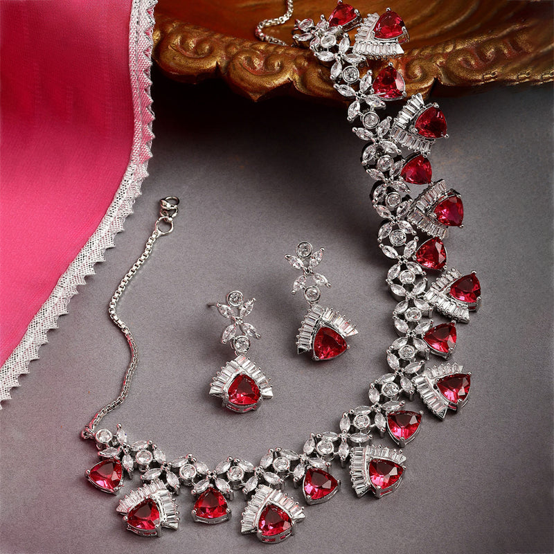 Rhodium-Plated with Silver-Tone & Red American Diamond Stone-Studded Jewellery Set