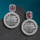 Red American Diamond Studded Geometric Shaped Rhodium-Plated with Silver-Tone Drop Earrings