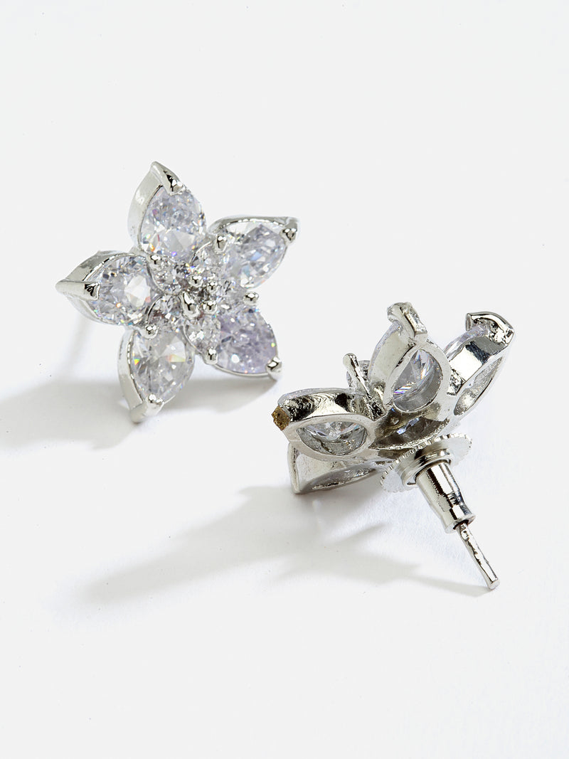 Rhodium-Plated with Silver-Toned White American Diamond Floral Studs Earrings