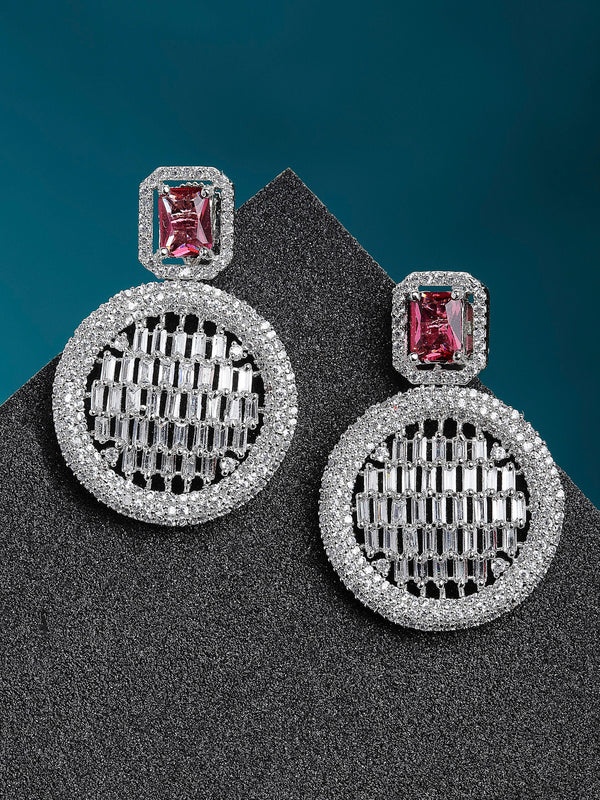 Red American Diamond Studded Geometric Shaped Rhodium-Plated with Silver-Tone Drop Earrings