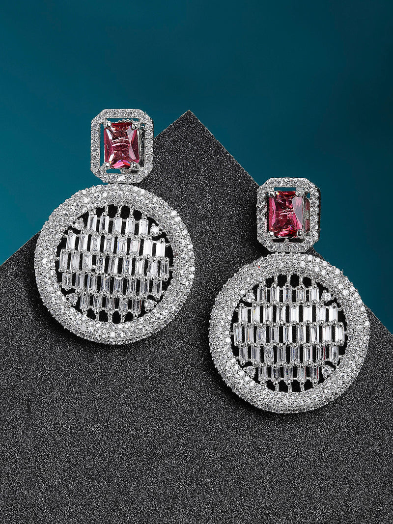 Red American Diamond Studded Geometric Shaped Rhodium-Plated with Silver-Tone Drop Earrings