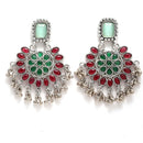 Rhodium-Plated with Silver-Tone Red and Green Kundan-Studded Meenakari Jewellery Set