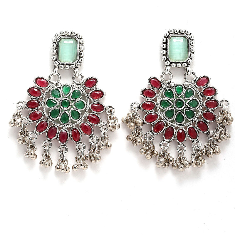 Rhodium-Plated with Silver-Tone Red and Green Kundan-Studded Meenakari Jewellery Set