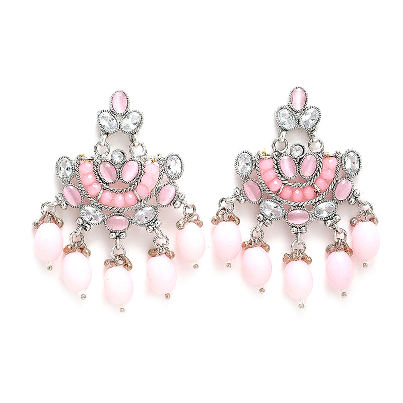 Rhodium-Plated with Silver-Tone Pink Kundan-Studded & Beaded Jewellery Set