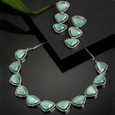 Rhodium-Plated with Silver-Tone Sea Green American Diamond Studded Jewellery Set