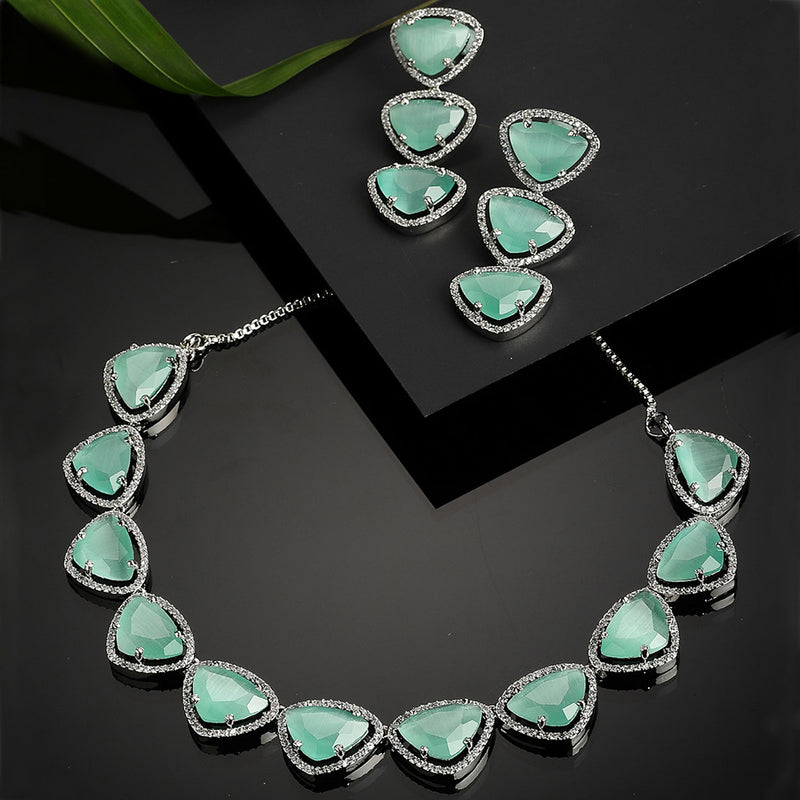 Rhodium-Plated with Silver-Tone Sea Green American Diamond Studded Jewellery Set