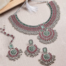 Rhodium-Plated with Silver-Tone Red and Green Kundan-Studded Meenakari Jewellery Set