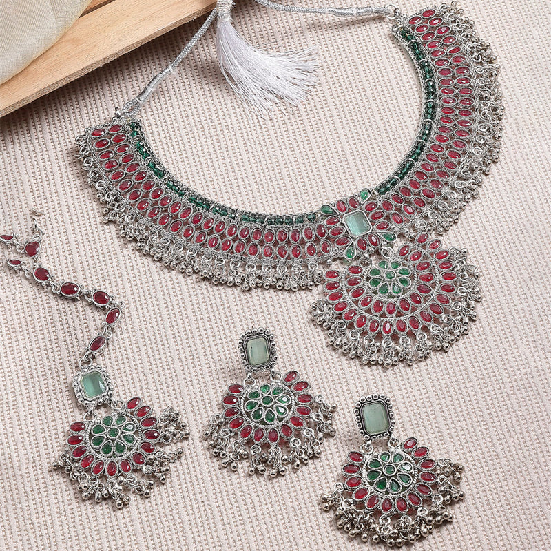 Rhodium-Plated with Silver-Tone Red and Green Kundan-Studded Meenakari Jewellery Set