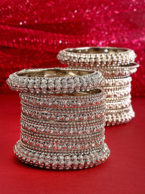Rhodium-Plated with Silver-Tone Set of 28 Textured Oxidized Bangles