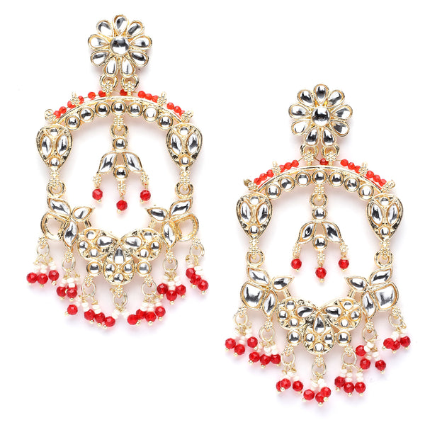 Gold-Plated Red Pearls & Kundan studded Floral Shaped Chandelier Drop Earrings