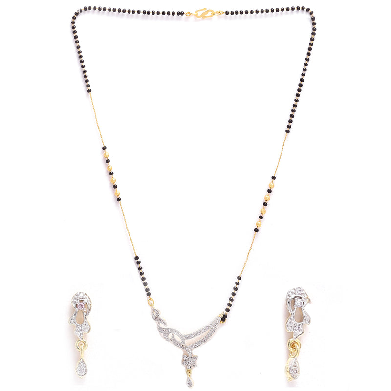 Set Of 3 Gold-Plated Black Beaded White AD Studded Mangalsutra with Earring Set