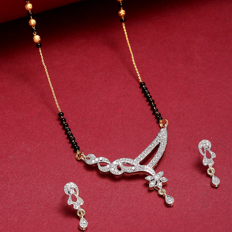 Gold Plated American Diamond Studded Black Beaded Designer Mangalsutra With Earrings For Women