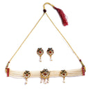 Gold Plated Designer Meena Work Leaf Shaped Necklace Set With Earrings