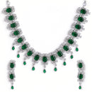 Rhodium-Plated with Silver-Tone & Green American Diamond Stone Studded Jewellery Set