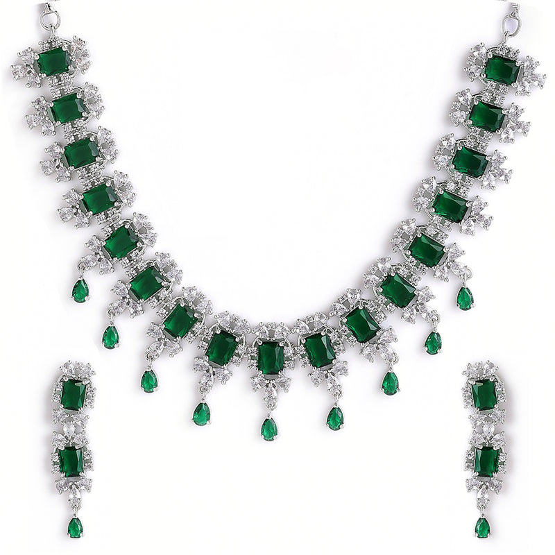 Rhodium-Plated with Silver-Tone & Green American Diamond Stone Studded Jewellery Set
