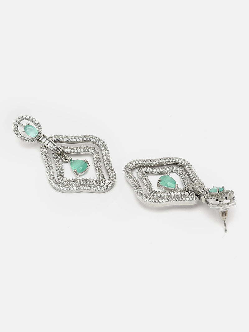 Rhodium-Plated Sea Green & White American Diamond studded Layered Drop Earrings