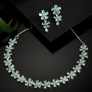 Rhodium-Plated with Silver-Tone Sea-Green & White American Diamond-Studded Jewellery Set