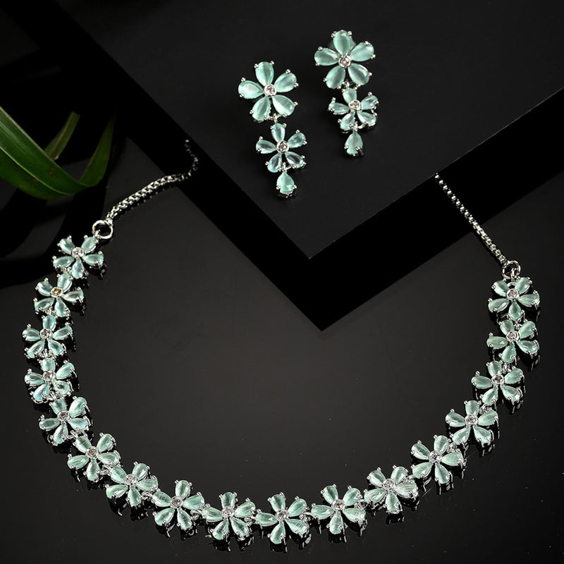 Rhodium-Plated with Silver-Tone Sea-Green & White American Diamond-Studded Jewellery Set