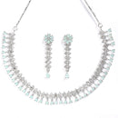 Rhodium-Plated with Silver-Tone Sea Green American Diamond-Studded Flower Design Jewellery Set