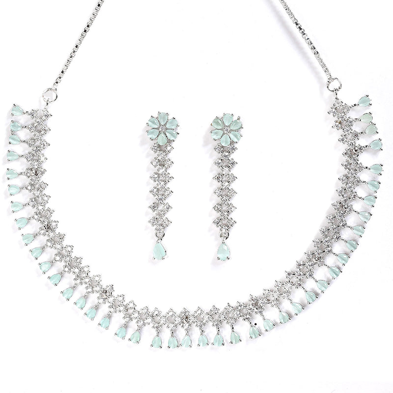 Rhodium-Plated with Silver-Tone Sea Green American Diamond-Studded Flower Design Jewellery Set