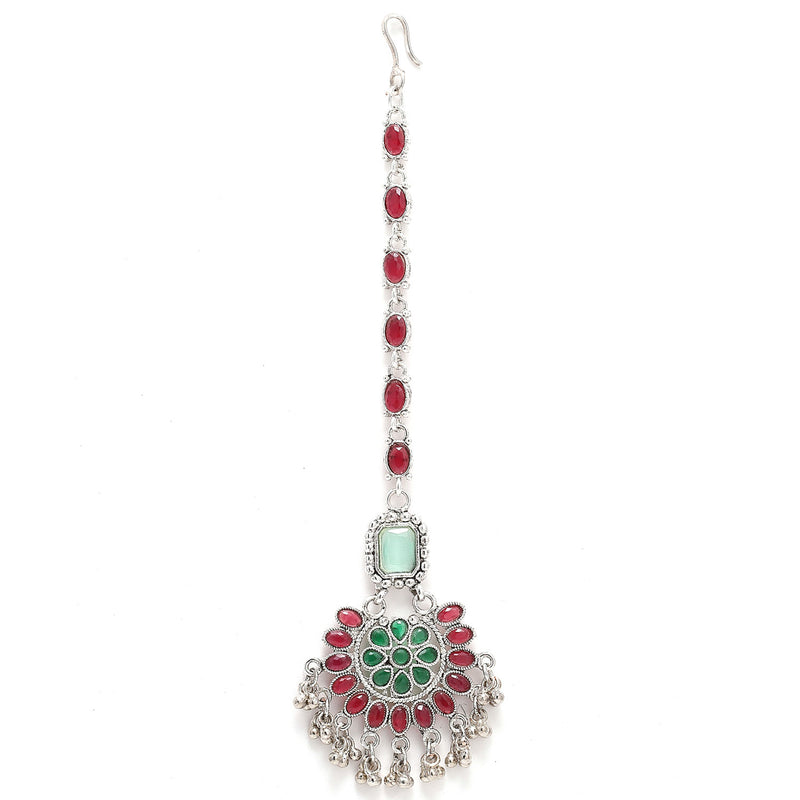 Rhodium-Plated with Silver-Tone Red and Green Kundan-Studded Meenakari Jewellery Set